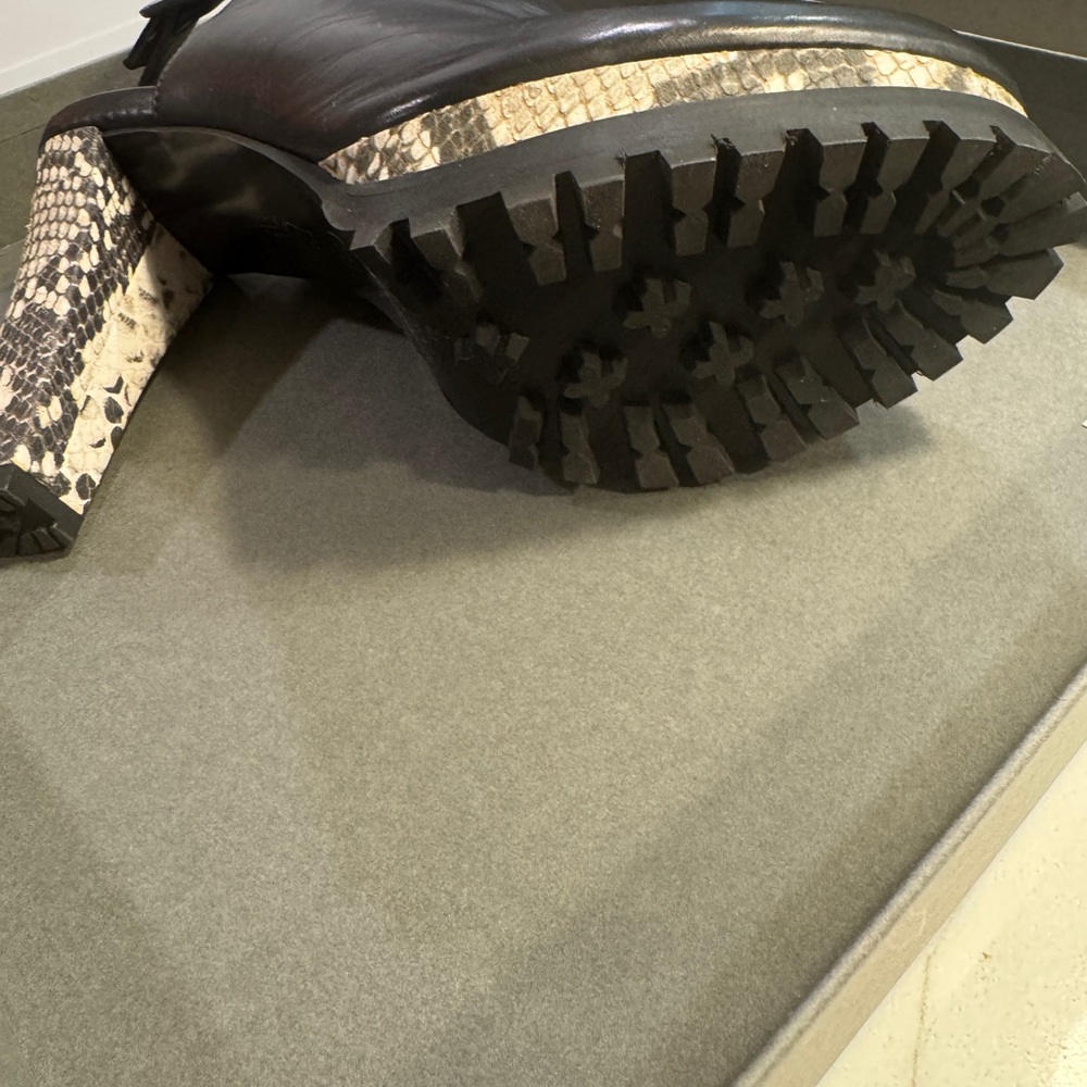 (NEW WITH BOX) All Saints Black Leather Heeled Boots with Snakeskin Accent - Picture 5 of 9